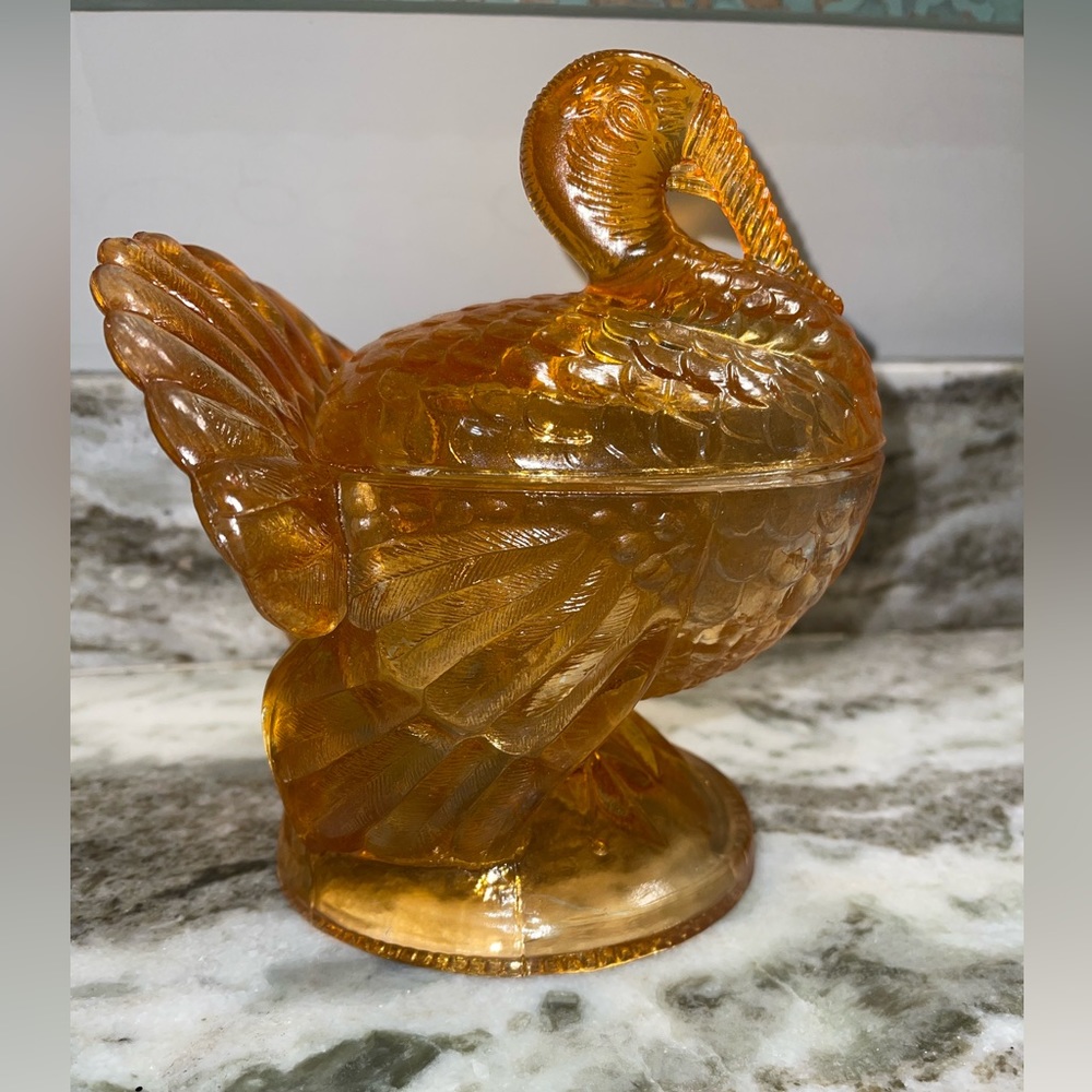 Vintage L.E. Smith Amber Glass Turkey Candy Dish